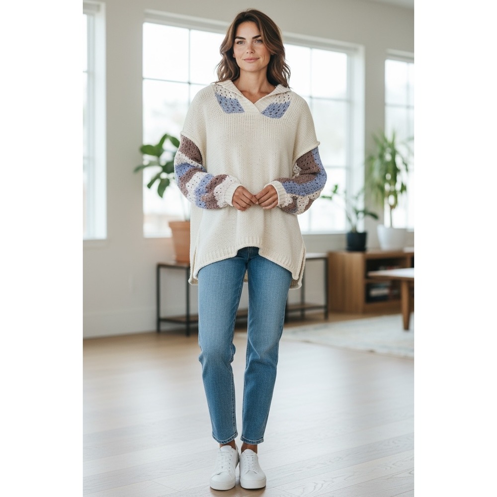 Mello Los Angeles Cream Knit Pullover Hooded Sweater‎ Womens